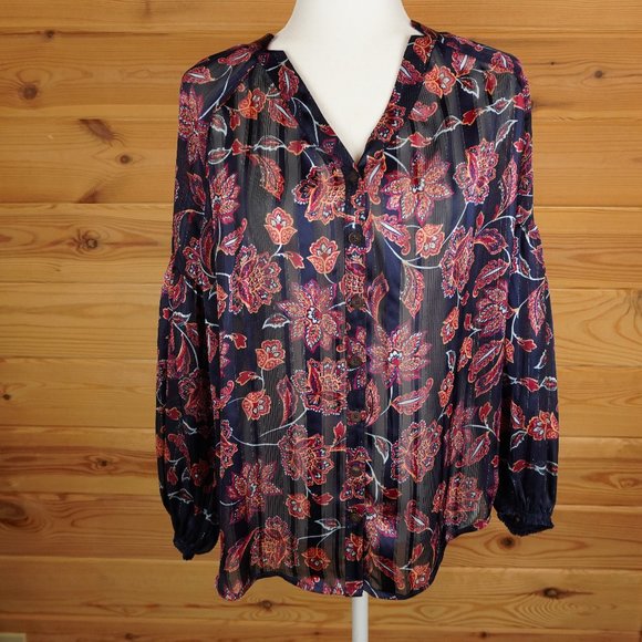 Democracy‎ Black Sheer Red Floral Button Up Top Balloon Sleeves Size Medium - Picture 2 of 10